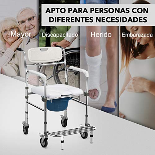 COSTWAY Silla de WC con Ruedas, Silla de Baño Altura Ajustable 87-92 cm con Reposapiés Abatible, Silla Orinal Portátil, Silla de Ducha para Personas Mayores, Carga hasta 100kg