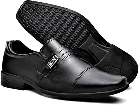 Sapato Social Masculino Em Couro Sintético Envernizado Design Elegante com Detalhe em Metal Bico Quadrado Sofisticado Sola Emborrachada Antiderrapante Ideal Para Casamentos Festas Trabalho e Uso Diário.
