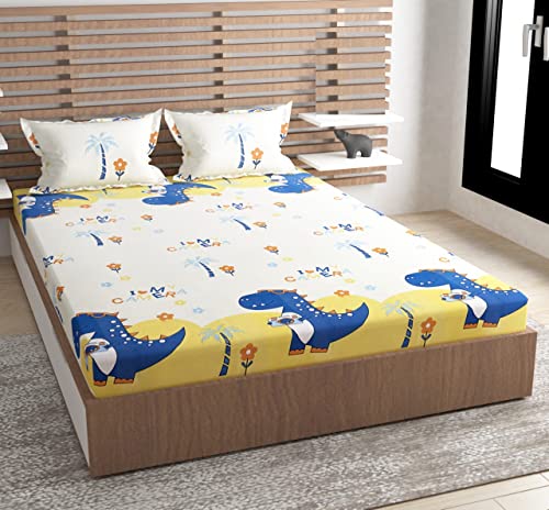 Image of Kids Dino Design Queen Size Elastic Fitted Bedsheet for Kids Room, Bedroom, Living Room, 90x100 inches, Set of 1 pc of Bedsheet & 2 Pillow Covers, Cream Blue
