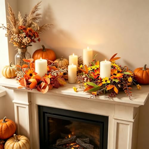 Image of 4 PCS 3 Inch Fall Floral Candle Rings Wreath Thanksgiving Candle Holder Rings Mini Artificial Autumn Wreath with Pumpkins Daisy for Table Centerpieces Farmhouse Fireplace Cabinets Wall Window Decors