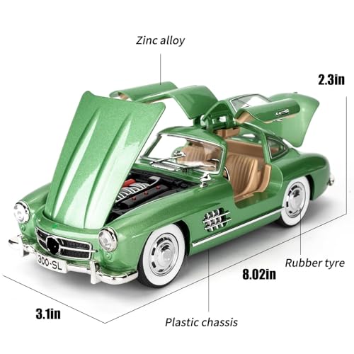 Image of 1:24 Scale MER-CEDES Ben-Z 300SL Die-Cast Metal Car with Sport car Openable Doors Light and Sound,Pull Back Function Indoor Outdoor Toy for Kids (Green)