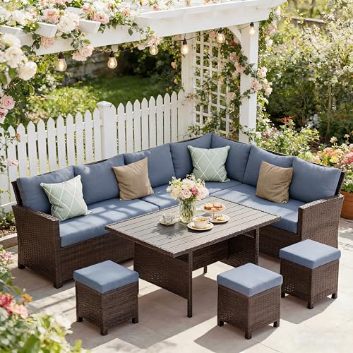 Wisteria Lane 7 Piece Patio Furniture Set, High Curved Back Wicker Patio Sectional, All Weather Outdoor Dining Set, Outdoor Furniture Patio Conversation Set with Ottoman, Blue