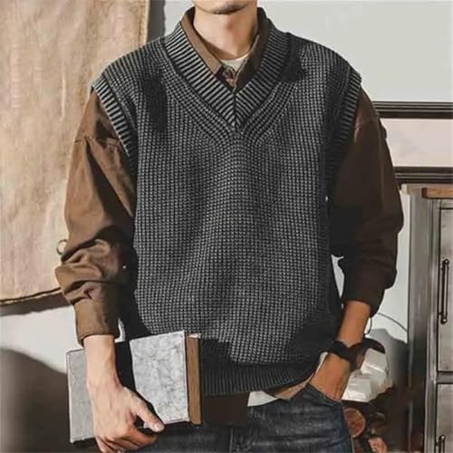 Vintage Winter Sleeveless Men Sweater Vest Solid Fashion Loose Patchwork Pullover V-Neck Knitted Tank Tops2