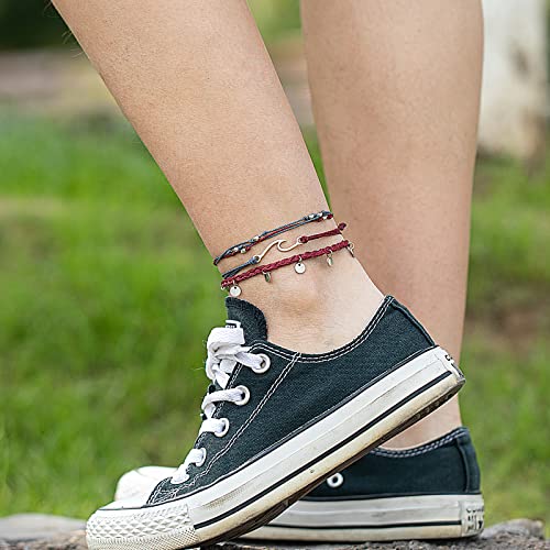 Image of Waterproof String Anklets Cute Beaded Ankle Bracelets Beach Wave Anklet Stainless Steel Coin Boho Ankle Jewelry for Women