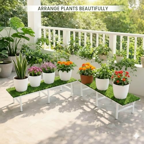 Image of IRON LANDS Metal Pot Stand with Green Grass Mat 72x22x20 Cm | Rust-Proof Matte Powder-Coated for Big Size Plants | Supports Up to 300 Kg| Ideal for Garden Balcony, Outdoor and Indoor Plant Display