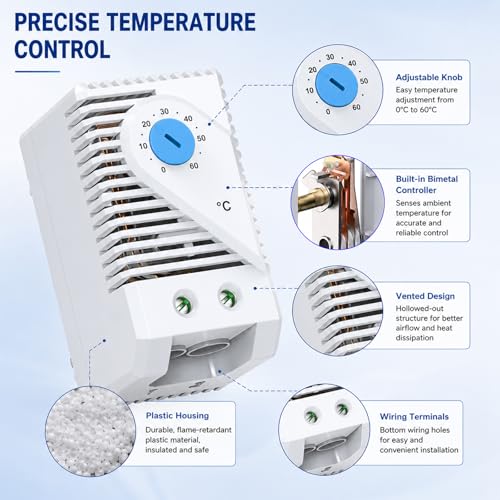 Image of KTS011 Temperature Controller, Compact Electric Mechanical Thermostat Switch Adjustable 0-60℃, Normally Open, Blue Button,