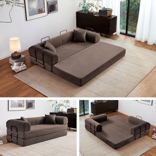 Reiboco 79" 5-in-1 Folding Convertible Sofa Bed, Oversized Corduroy Futon Floor Couch with Pull-Out Sleeper, Modular Boneless Loveseat for Small Spaces, Living Room, Bedroom (Brown)