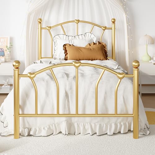 SHA CERLIN 14 Inch Twin Size Metal Platform Bed Frame with Heart Shaped Iron-Art Headboard/Footboard Under Bed Storage Noise Free Mattress Foundation No Box Spring Needed Easy Assembly Gold