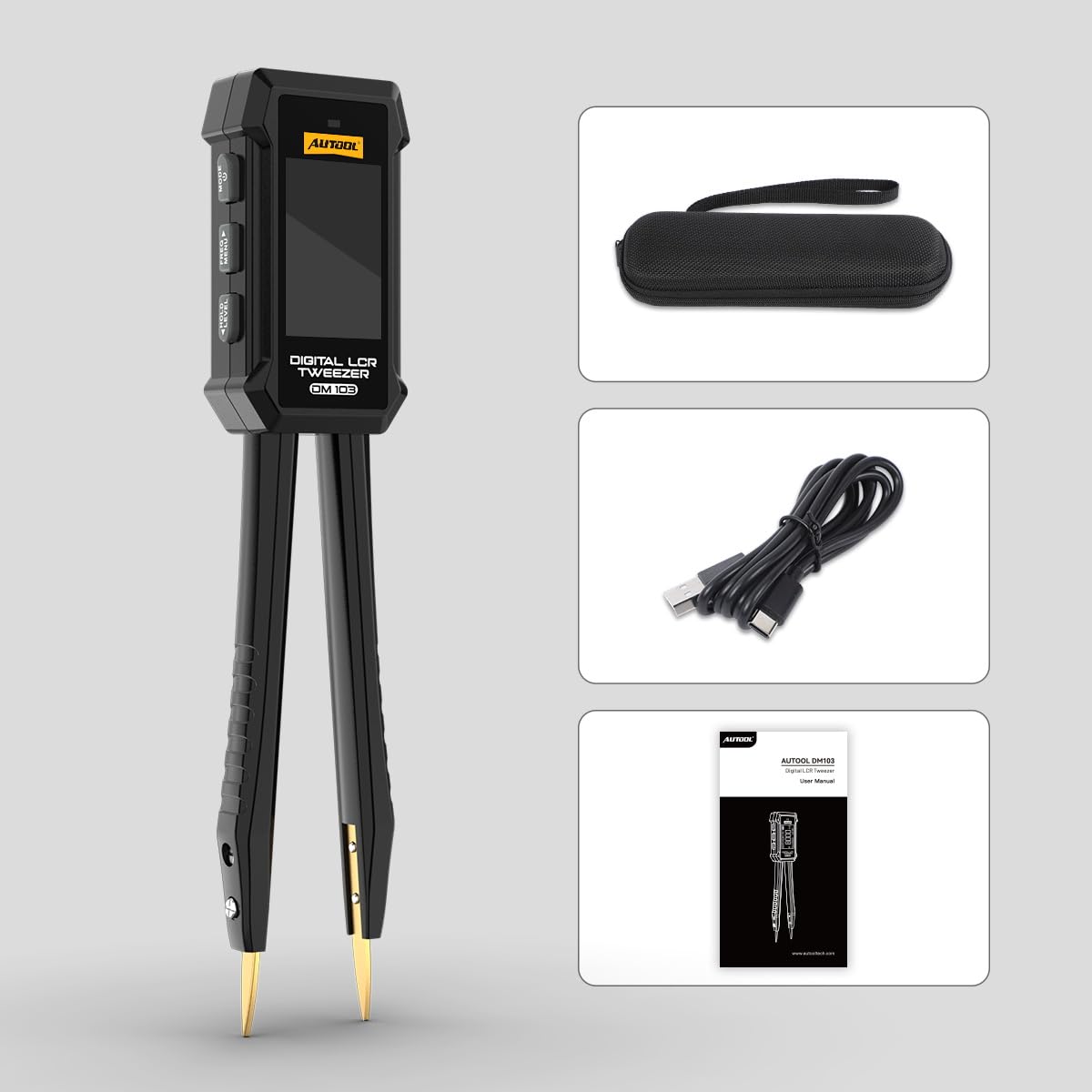 AUTOOL DM103 Digitale LCR-Pinzette, 6-in-1-SMD-Tester, wiederaufladbar, Widerstandsmessbereich 10 mΩ–10 MΩ, Kapazitätsmessbereich 1 pF–20 mF, Induktivitätsmessbereich 1 µH–60 H