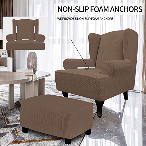 Image of Easy-Going Stretch Large Wingback Chair Sofa Slipcover Brown | 1-Piece Sofa Cover Furniture Protector Couch Soft with Elastic Bottom, Spandex Jacquard Fabric Small Checks