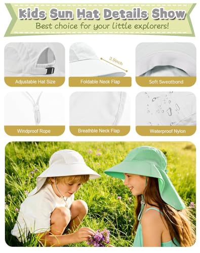 Image of Rosoz Kids Sun Hat with Neck Flap UV Protection Summer Toddler Beach Hat Unisex Ponytail Hat Wide Brim Fishing Hat