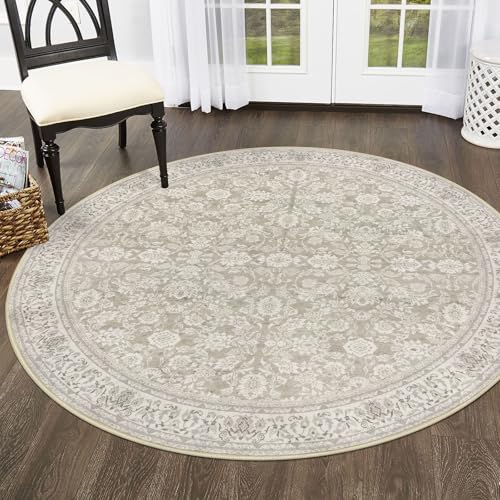 Cream Beige White Grey 5' Round Rug Washable Rug for Entryway Soft Non-Slip Area Rugs Distressed Floral Low-Pile Carpet, Neutral Vintage Circle Rugs for Living Room Dining Bedroom Foyer