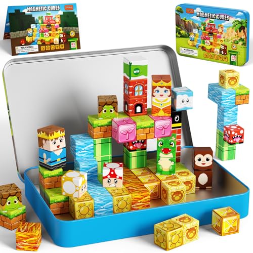 Zerxpho 60PCS Mini Magnetic Building Cubes Set Adventure-themed Magnetic Blocks Portable Magnetic Travel Blocks with Iron Case Educational Toy for Kids STEM & Construction Learning for Kids Aged 3+