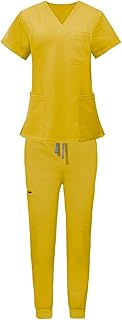 Conjunto de uniformes de enfermería para mujer, pantalones y cuello en V, ropa profesional, color Amarillo S