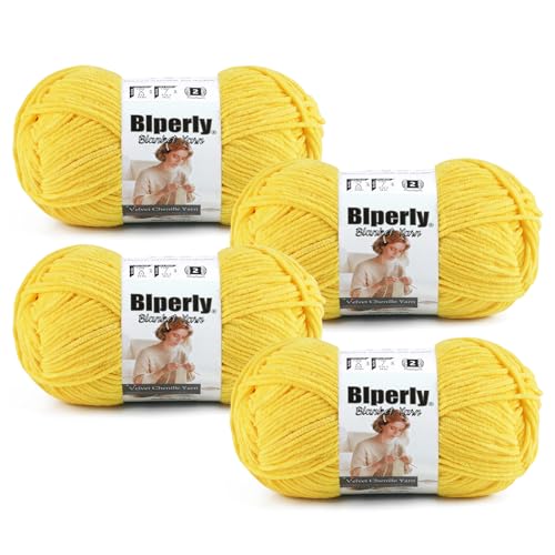 Image of Skinny Chenille Yarn for Crocheting, #2 Gold Thin Baby Blanket Plush Yarn