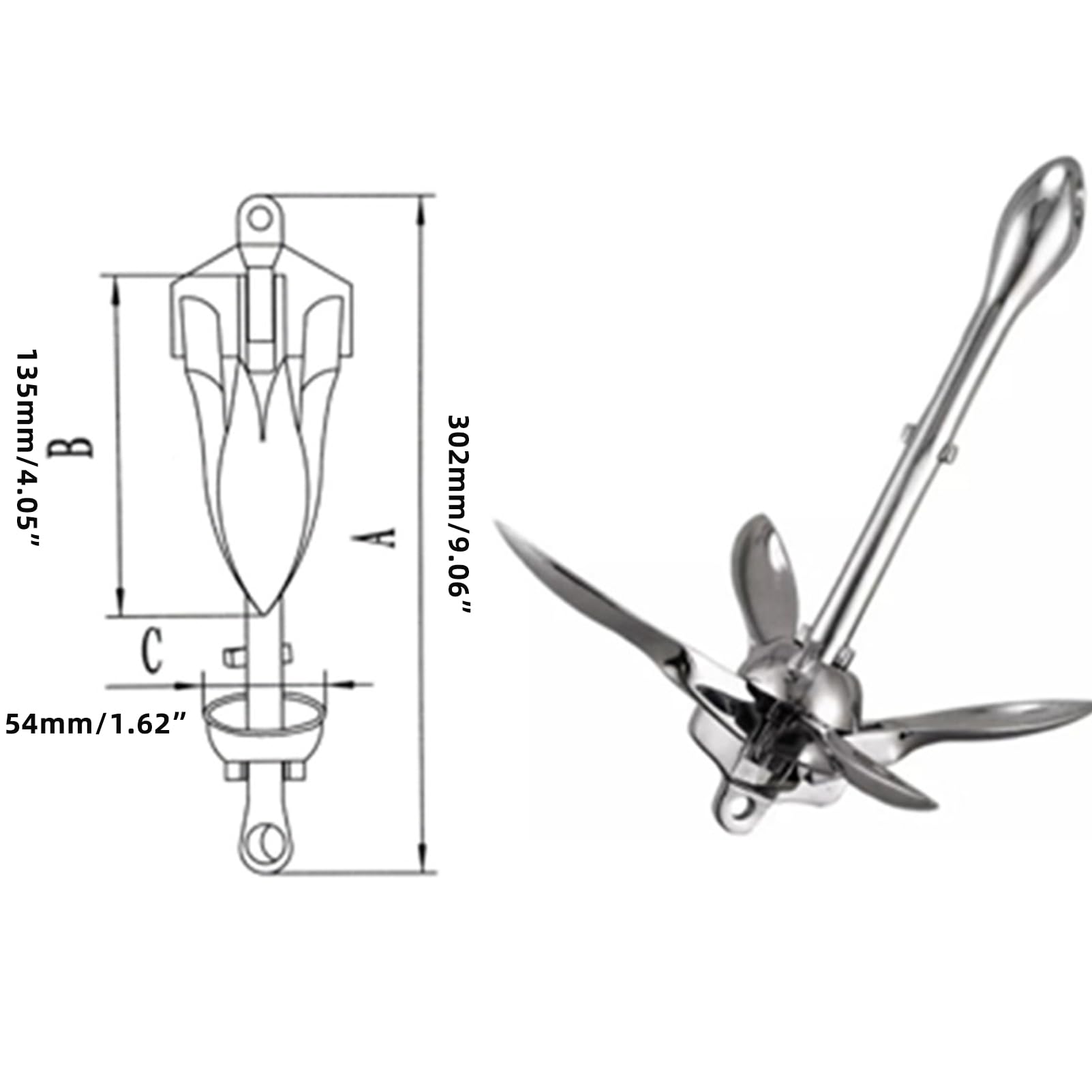 Ancora pieghevole da 1,5 kg, in acciaio inox, a 4 denti, pieghevole, robusta e durevole, per barche, yacht, pontoni, navi, accessori hardware