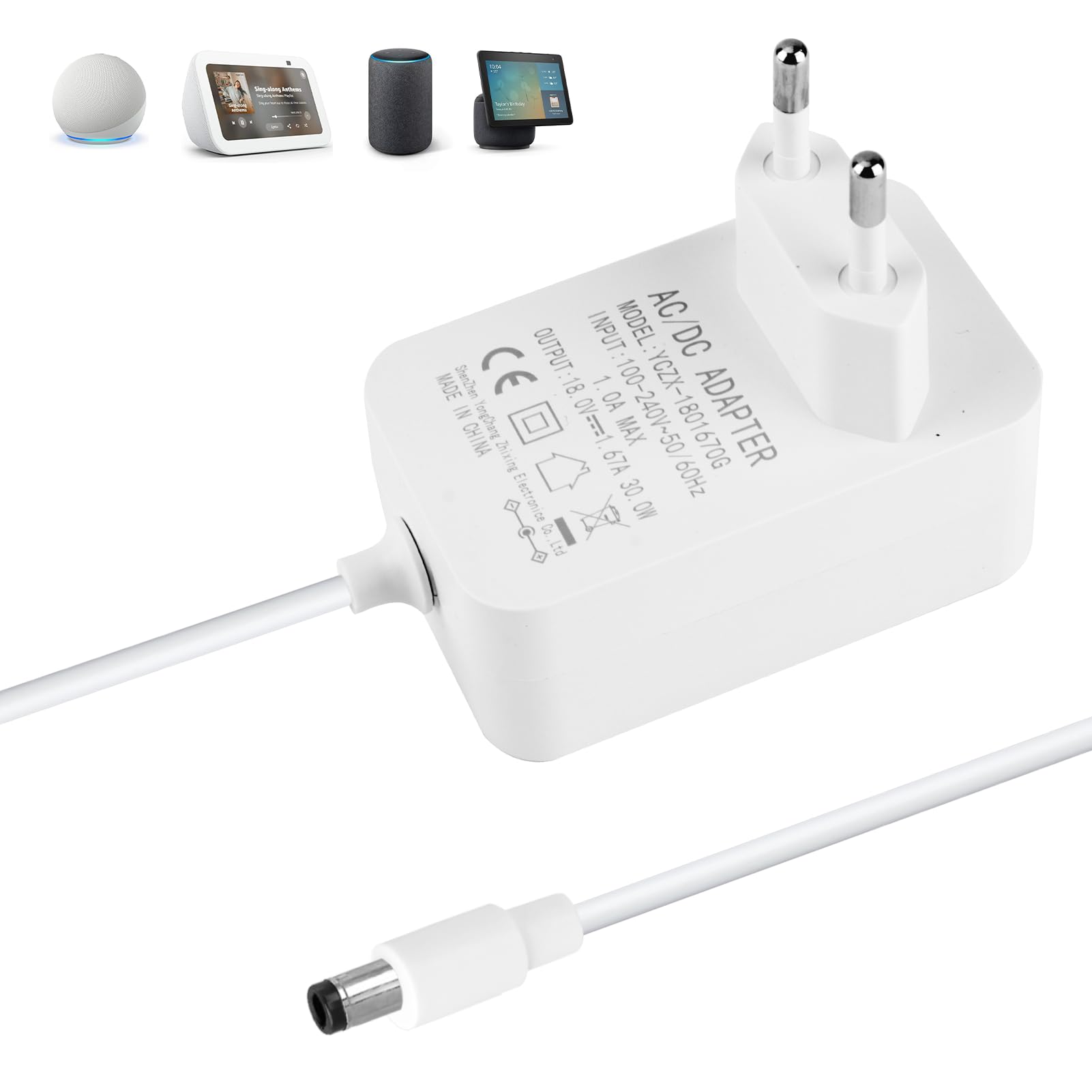Cavo Alimentatore 30W per Alexa Echo 3ª/4ª Gen, Echo Show 8/10/15, Echo Show 2ª Gen, Echo Plus 2ª Gen, Adattatore 18V 1.67A AC a DC con Cavo da 1.2 Metri, Compatibile Solo con Dispositivi 18V, Bianco