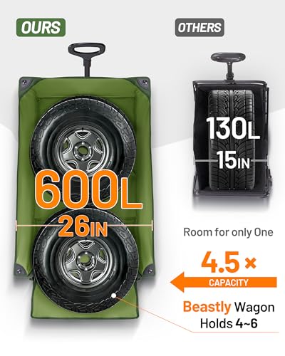 Image of TIMBER RIDGE 600L Beast Wagon 26 inch W Extra Wide All Terrain Folding w /Big Wheels, Cargo Net & Tailgate, 400lbs Heavy Duty Portable Cart 54.5 inch L Large Collapsible Wagons for Camping, Sports, Dogs, Green