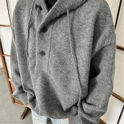 Men's Classic Gray Hooded Knit Sweater Loose Fit Fall Winter Pullover Pullover with Buttons2
