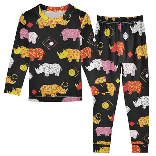 Pajama Sets Long Sleeve Colorful Rhinos on Black Soft Comfy Sleepwear 2 Piece PJS 3-8T