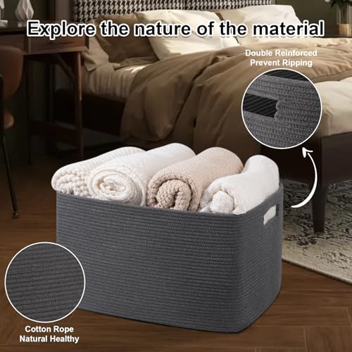Image of OIAHOMY Large Blanket Basket,Storage Basket with Handle, Blanket Basket for Living Room, Rectangle Woven Cotton Rope Basket for Bedroom, Toy Baskets Organizer Bins, 22 inch x 17 inch x 12 inch in, Dark Grey