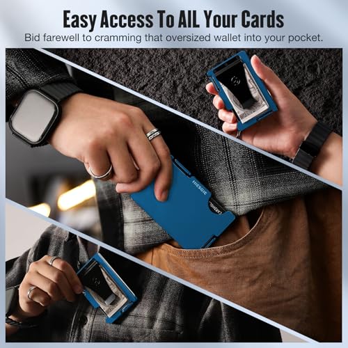 Image of Wallet for Men with Inner Key Coin Tray, Minimalist Card Holder with Money Clip, Slim Metal Front Pocket Wallet, RFID Blocking, Navy Blue, PMLCO-03