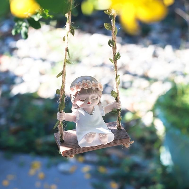 Image of The Decorshed Cute Girl Swing Idol Figurine - White | Decorative Resin Cute Idol of Girl On Jute Rope Swing | Home Decor Item | Ideal for Gardens, Balconies, Windows & Kids Room