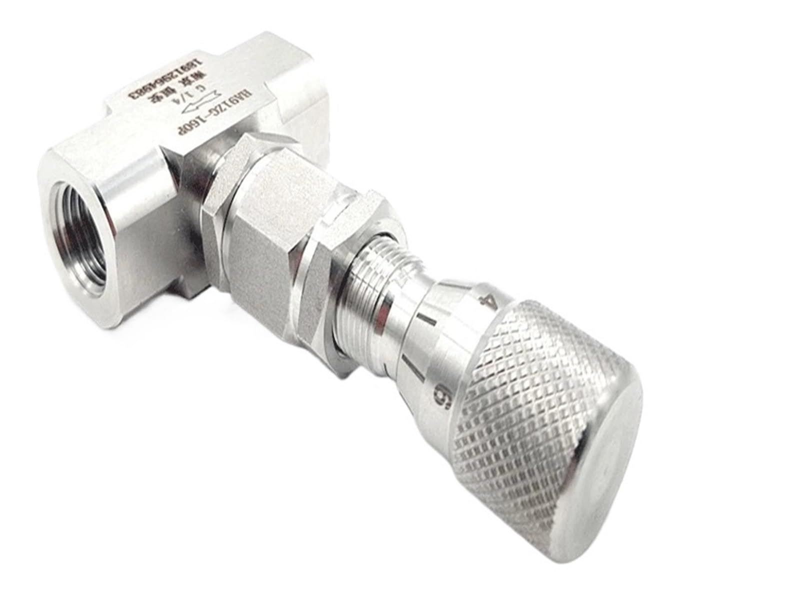 Válvula de aguja dosificadora reguladora de caudal de acero inoxidable 304 y 316, con rosca hembra BSP NPT de 1/8", 1/4", 3/8", 1/2", 3/4" y 1/2", recta o codo.(3/8",NPT_FLOW HOLE 1.2MM_ELBOW SS304)