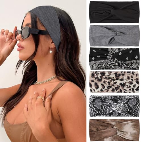 Image of Kachanaa 6 Pack Solid Color Boho Style Non-slip Printed Headband Wigs for Women Soft Elastic Breathable Hair Bands Turban for Teen Girls Accessories
