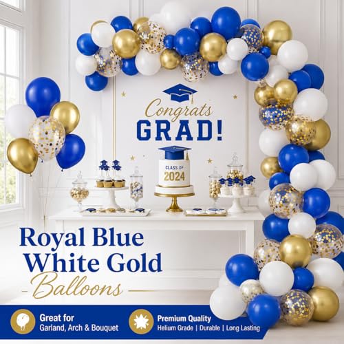 Image of Balloons Royal Blue White Gold Balloons for Graduation Decorations Metallic Chrome Gold Confetti 12inch Dark Deep Blue White Latex Balloon for Birthday Party Anniversary Baby Shower
