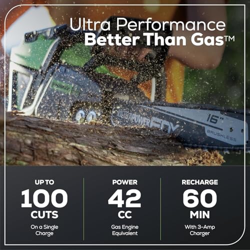 Image of Greenworks 60V 16 inch Brushless Cordless Chainsaw (42 CC Gas Equivalent, Auto Oiler, Chain Brake), 2.5Ah Battery, Charger + Bonus 4.0Ah Battery