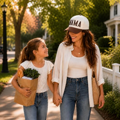 Image of Women's Mama Trucker Hat Trendy, Embroidered Adjustable Mom Baseball Cap, Two-Tone Ponytail Hat for Outfits