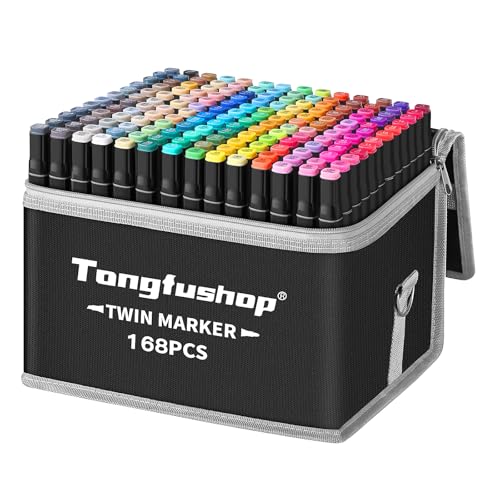 Tongfushop 168 Couleurs Feutre a Alcool, Feutres Coloriage Adulte, Marqueurs Double Pointe avec Pochette de Transport et Espaceur, Séchage Rapide Marqueur Permanent pour Animation Art Esquisse