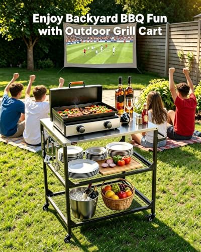 Image of VEVOR Outdoor Grill Cart, 31.5 x 24.0 inch Stainless Steel Tabletop Size Grilling Table, Outdoor Cooking Table with 4 Wheels & Side Handle, Two Mesh Shelves, BBQ Prep Tables for Patio, Garden