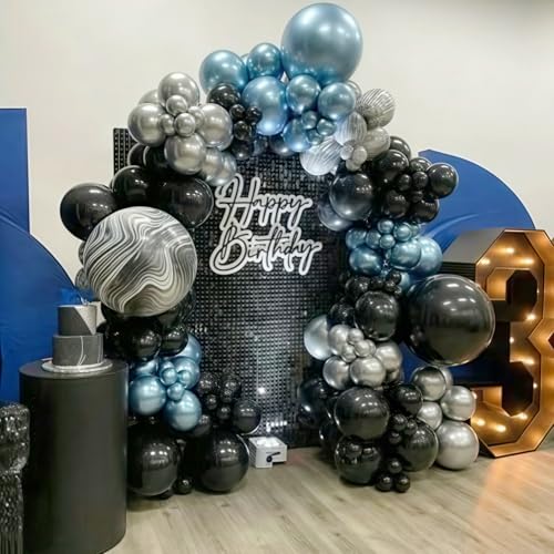 Image of Metallic Blue and Black Balloon Arch Garland Kit, 118PCS Baby Light Blue Metal Silver Latex Balloons for Birthday Baby Shower Gender Reveal Graduation Wedding Father's Day Party Decorations Supplies