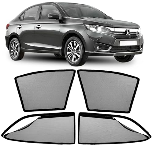 Image of AutoStory Magnetic Car Sunshade for Amaze 2018-2024 | Front Half Cut for Mirror Visibility + Rear Full Coverage with Zipper | Heavy Heat & UV Protection | Privacy Side Window Curtains Shades