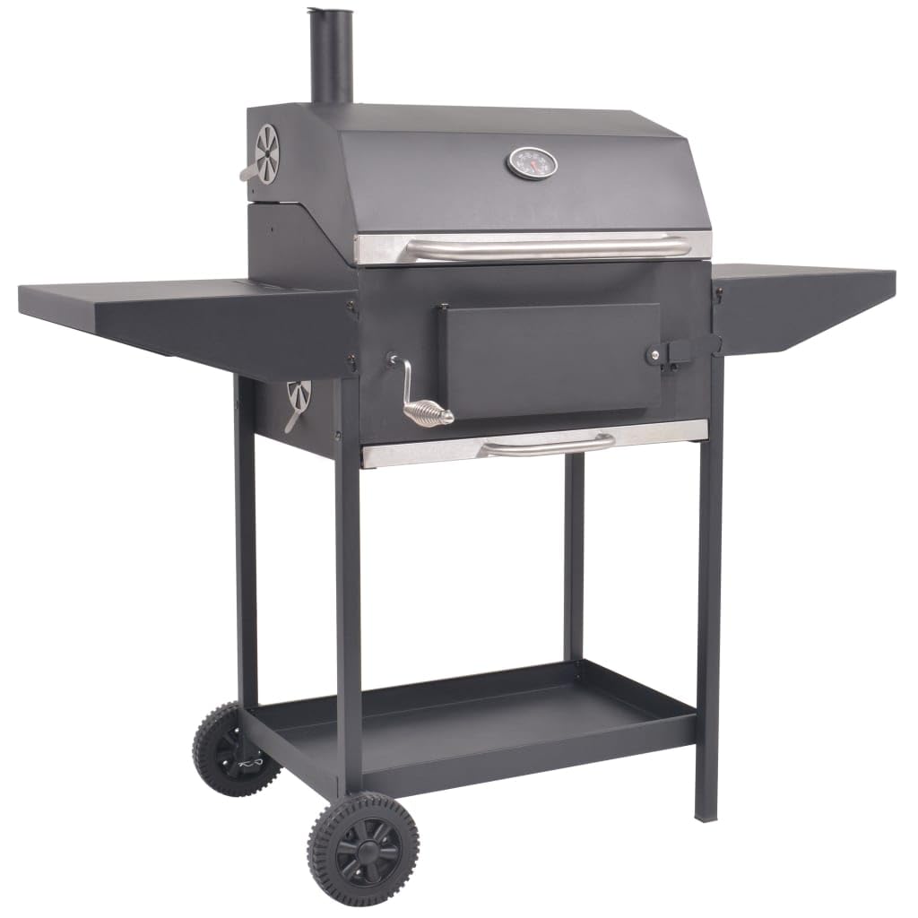 vidaXL BBQ Charcoal Smoker, Robust Heavy-duty Construction, Excellent Heat-retention, Integrated Hood Thermometer, with Side Tables and Bottom Shelf, Easy to Move, Black