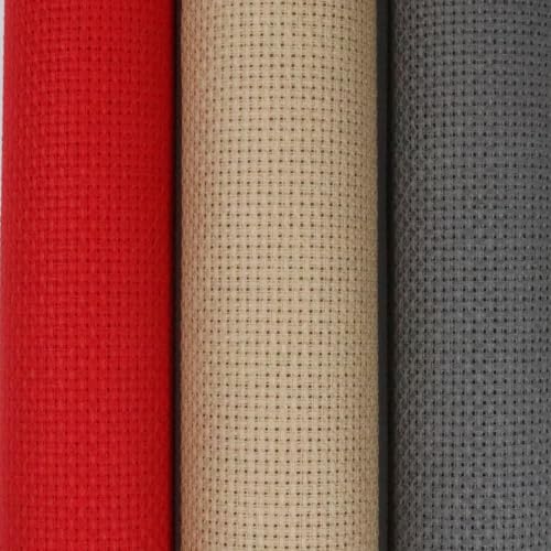 Image of KCS 3 pc of 15 inch x 18 inch(38cmx45cm) 16 Count Cross Stitch Cotton Aida Cloth Needlework Rolled Fabric Box,16CT,Red+Khaki+Dark Grey