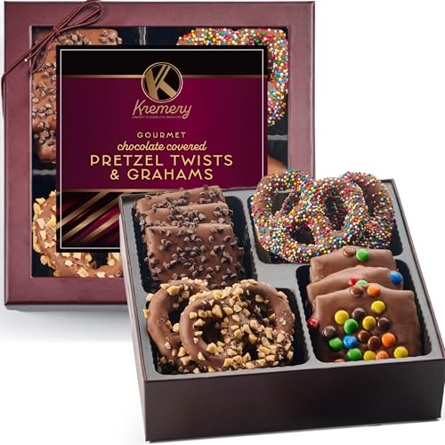 KREMERY - 12 Gourmet Chocolate Covered Pretzel Twists &amp; Grahams Gift Basket