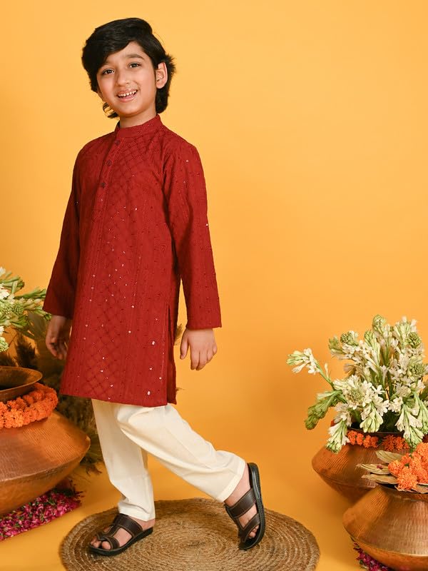 Image of Saka Designs Boy's Embroidered Kurta & Pyjamas - Red