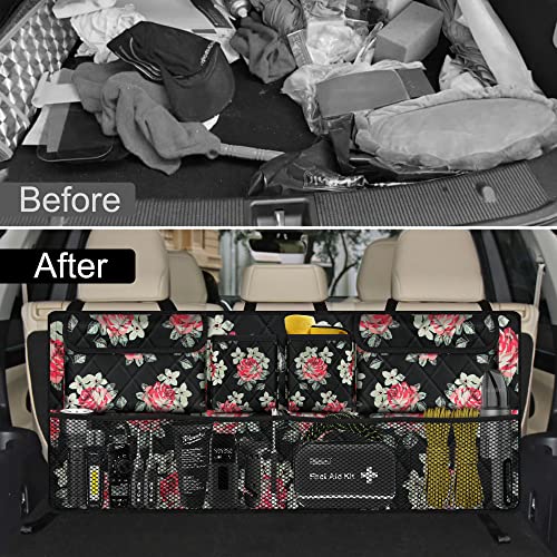 Image of Car Trunk Organizer,Large Capacity Backseat Trunk Organizer(42 inch*18 inch),Collapsible Car Storage Bag with 8 Pocekt,Car Organizer for SUV /MPV /Truck - Floral