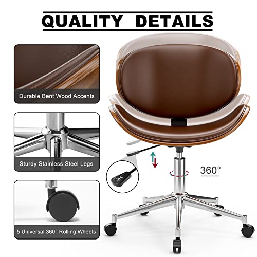 Okakopa Small Desk Chair Modern Office Chair 360° Swivel Height Adjustable Brown Leather Desk Chair Armless Chairs Ergonomic Curved Wood Home Office Chair (Brown With Wrap Edge) #TOP3
