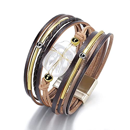 Image of Fesciory Leather Wrap Bracelets for Women, Boho Leopard Multi-Layer Crystal Beads Cuff Bracelet Jewelry