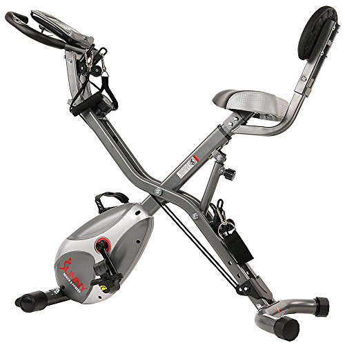 Sunny Health & Fitness Foldable Semi Recumbent Magnetic Upright Exercise Bike w/Pulse Rate Monitoring, Adjustable Arm Resistance Bands and LCD Monitor - SF-B2710