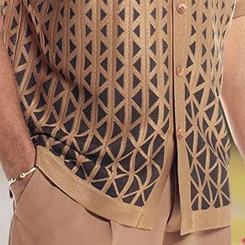 ErnZi Men's 2 Piece Outfit Criss-Cross Pattern Walking Suit Short Sleeve Set with Long Pants Button Beach Casual2