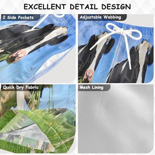 Swim Shorts for Boys, Anti-Chafe Swim Trunks Boys 2 T, Black White Cow Eating Grass Meadow Blue3