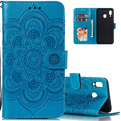 LEECOCO for Samsung A20 Case Mandala Embossing Luxury PU Leather Flip Notebook Wallet Bookstyle Magnetic Stand Card Slot Folio Bumper Protection Cover for Samsung Galaxy A20 / A30 Mandala Blue LD
