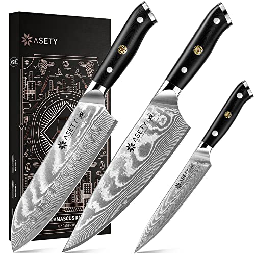 Comparison: Best Damascus Chef Knife Set 8 Damascus Kitchen Knife Set 3 PCS: NSF Food-Safe Japanese Knives with VG10 Steel Core, Ultra-Sharp Professional Chef Knife Set and Full Tang G10 Handle, Elegant Box