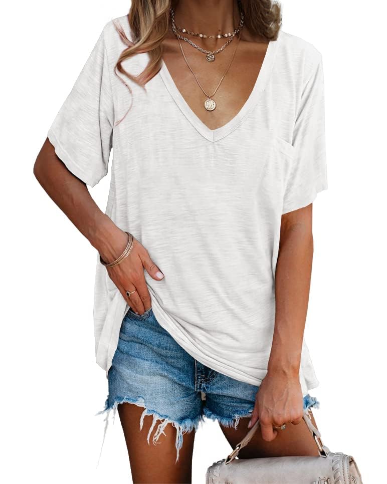 imesrun Womens V Neck Tshirts Short Sleeve Loose Casual Summer Tops with Pocket2