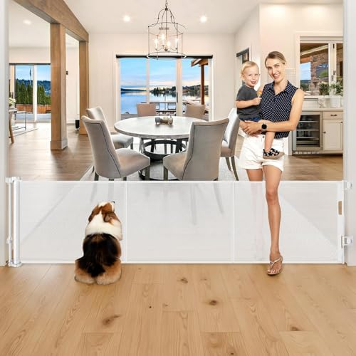 28" Tall Retractable Dog Gate, 80" Wide Reinforced Retractable Baby Gates with Support Rods, Walk Through Baby Gate Easy Step-Over Short Pet Gate Small Dog Gate, Puppy Gates for Doorways/Stairs, White